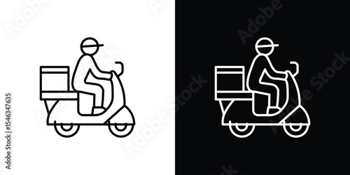 Delivery man riding motorcycle icon in black. flat graphic vector icon