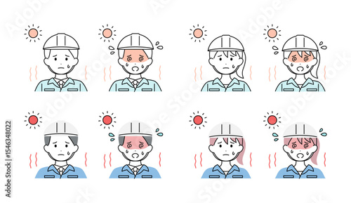 熱中症 男性 女性 作業員 工事現場 夏 イラスト素材 ベクター セット