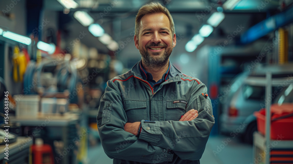 A confident mechanic stands with arms crossed in a well-equipped workshop, smiling amid tools and machinery in the background. A confident mechanic stands with arms crossed in a well-equipped workshop, smiling amid tools and machinery in the background.