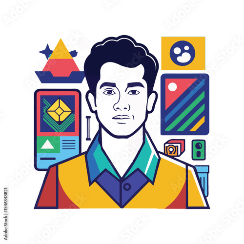 Colorful Portrait Illustration of a Young Man Surrounded by Design Elements