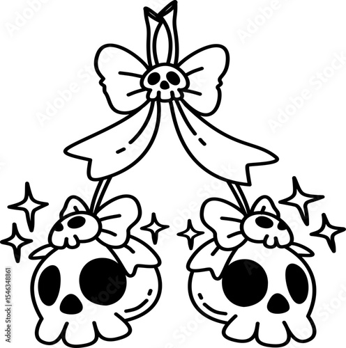 Hand drawn halloween cherry skull with bow  doodle outline