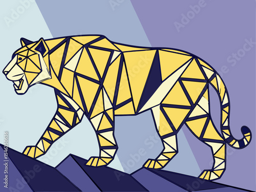 geometric tiger with yellow and black stripes, Geometric Tiger Standing Illustration — Bold and Majestic Vector Artwork with Angular Polygon Shapes and a Striking Orange–Midnight Blue Color Scheme