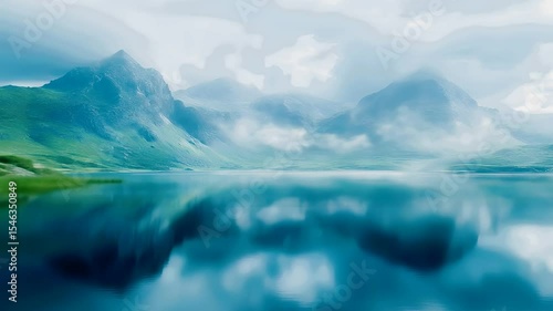Serene Lake Reflection Surrounded by Misty Mountain Landscape