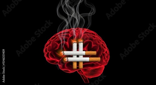 Human brain with cigarette smoking addiction concept medical illustration showing neurological effects of nicotine tobacco dependency on black background 