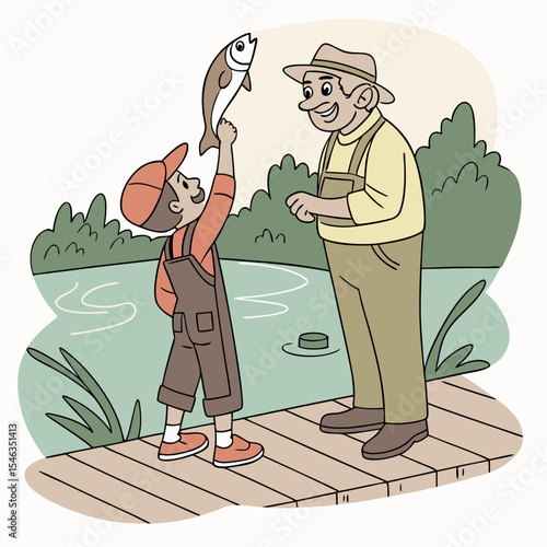 Boy Holding Fish Beside Older Man Fishing on Dock