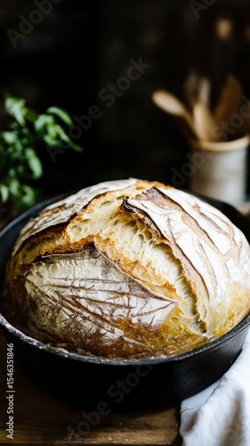 Rustic bread with a golden crust baked in a Dutch oven.
