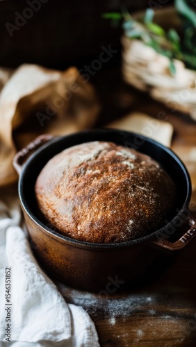 Rustic bread with a golden crust baked in a Dutch oven.