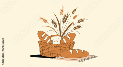 The Freshly Baked Breads and Wheat Grains Displayed in a Woven Basket Design