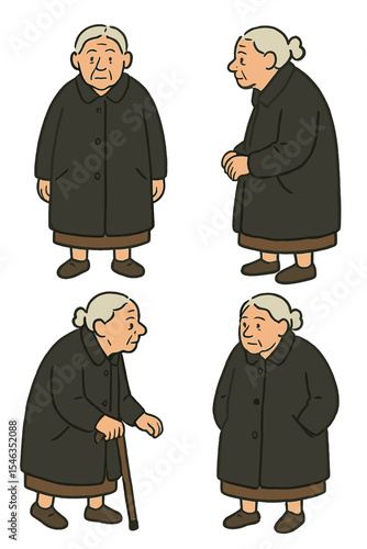 Elderly woman in old coat walking and standing cartoon set