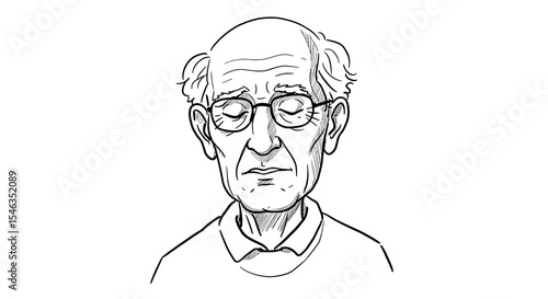Elderly man with glasses and closed eyes in black and white sketch