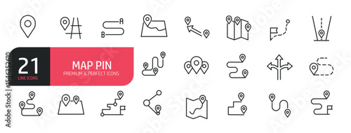 Set of line icons related to map pin, location, GPS. Outline icons collection. Editable stroke. Vector illustration