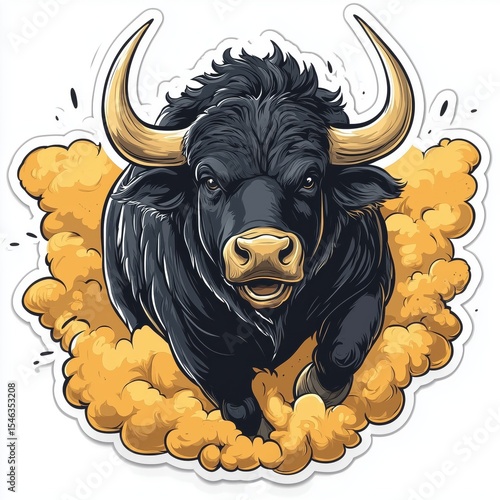 A bull with horns is running through a cloud of dust