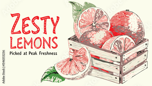 Illustration of a wooden crate filled with pink grapefruits and the words zesty lemons printed on it
