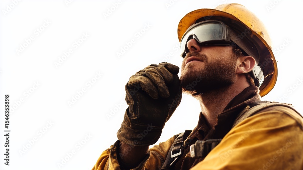American oilfield worker in rugged gear, helmet and gloves, isolated on white American oilfield worker in rugged gear, helmet and gloves, isolated on white