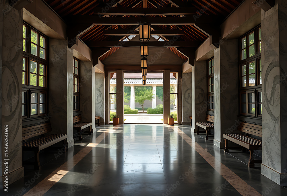 Obraz premium Sunlit hallway with wooden benches, marble walls, and a tranquil garden view
