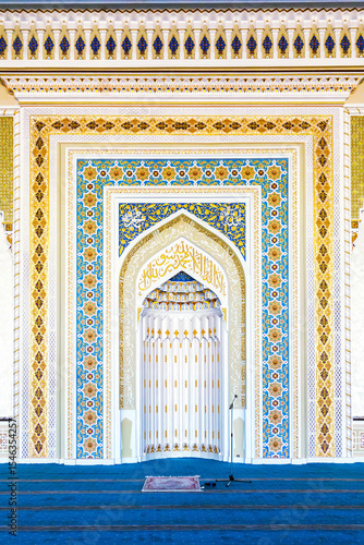 Ornate prayer niche and colorful tile details inside Hazrati Imam mosque, Tashkent, Uzbekistan, April 06, 2023