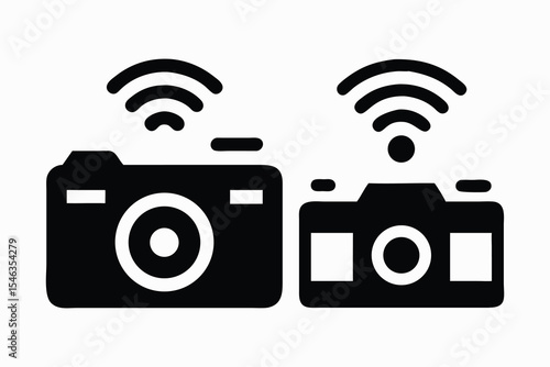 Wireless Camera Connection Icon. Simple, black and white icon depicting two cameras with wireless signals.
