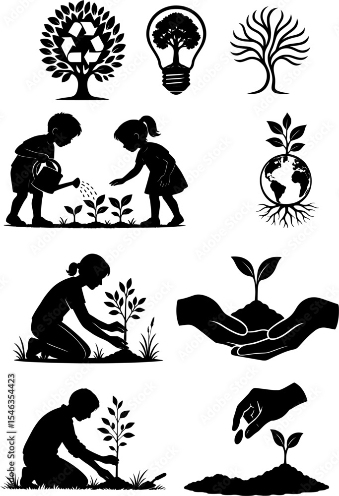 Fototapeta premium Eco Silhouettes Greening the Planet, Black and White Environmental and Nature Icons Collection