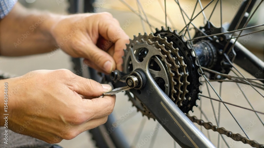 Fototapeta premium Bicycle repair with hands adjusting gears and chain.