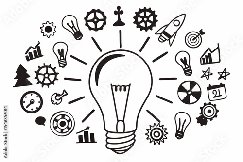 Glowing Light Bulb with Business Strategy Doodles on Wall	