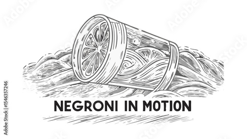 Illustration of a cocktail glass with citrus fruit slices on a wavy surface in black and white style art