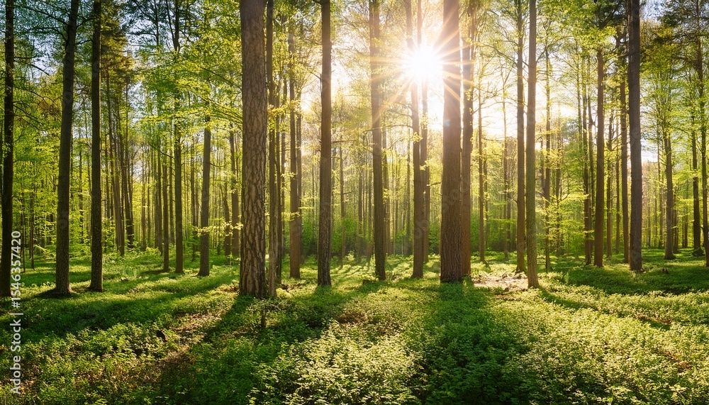 Obraz premium 65 5000 forest in spring with bright sun shining through the trees
