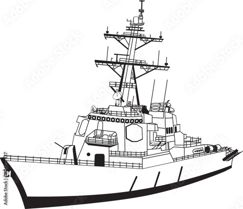 Detailed Black and White Line Art Illustration of a Modern Naval Destroyer Warship, Military Vessel for Defense and Maritime Operations