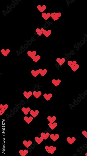 Animation Social media Like of red hearts flying on a black background.