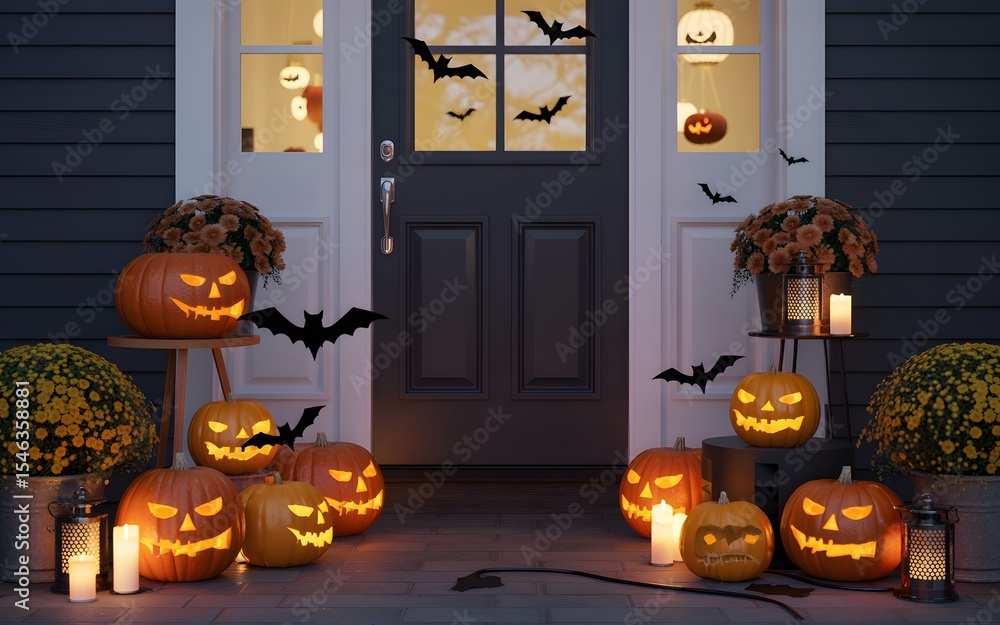 Obraz premium Festive halloween porch decoration with lit jack o lanterns and silhouette bats