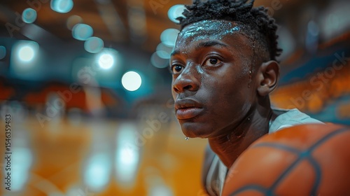 Fototapeta Naklejka Na Ścianę i Meble -  A young athlete, visibly focused and mentally preparing, sits with a basketball, emanating determination and the spirit of sportsmanship, highlighting the journey to success.