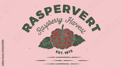 Vintage style raspberry harvest logo with the text raspervert and est nineteen seventy two on a pink background