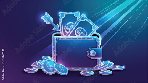Low Poly Digital Illustration of Wallet with Money