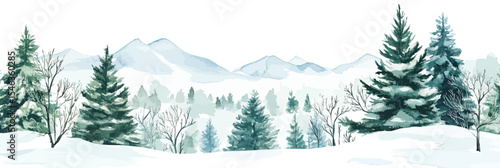 Winter landscape with snow covered pine trees and distant mountains in minimalist watercolor style for seasonal holiday background design