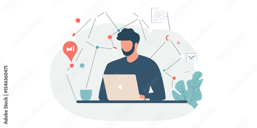 Man working on laptop with wireless connection digital network icons business communication online technology flat vector illustration Man working on laptop with wireless connection digital network icons business communication online technology flat vector illustration