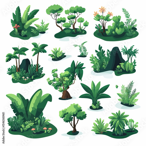 Isometric jungle vegetation set with diverse tropical plants trees bushes ferns flowers and lush greenery flat minimalist vector illustration isolated on white background