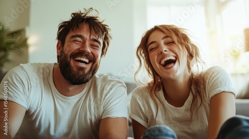 A joyful couple enjoying a moment of laughter, embodying happiness and togetherness in a cozy home setting with natural light highlighting their candid expressions.