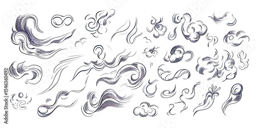 Hand drawn abstract wind swirl doodles set vector illustration with various air flow motion lines and smoke curl sketches in minimalist style