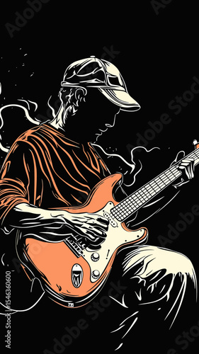 Hand drawn minimalist vector illustration of male guitar player wearing cap playing electric guitar with smoke on black background musical instrument art design