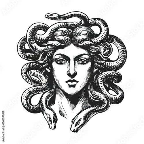 Medusa Gorgon head with detailed snakes hair engraving style black and white mythological portrait vector illustration