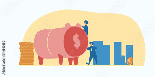 Flat vector illustration of people saving money with large pink piggy bank and stacked gold coins representing financial investment and savings growth concept