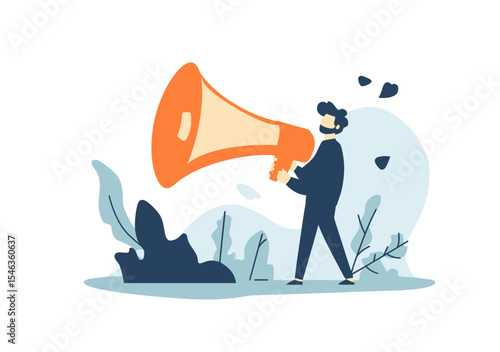 Businessman holding large megaphone outdoors communicating message loudspeaker advertisement announcement concept flat vector illustration