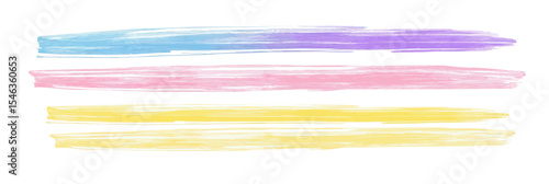 Three horizontal pastel brush stroke lines in blue purple pink and yellow colors with crayon texture isolated on white background vector illustration