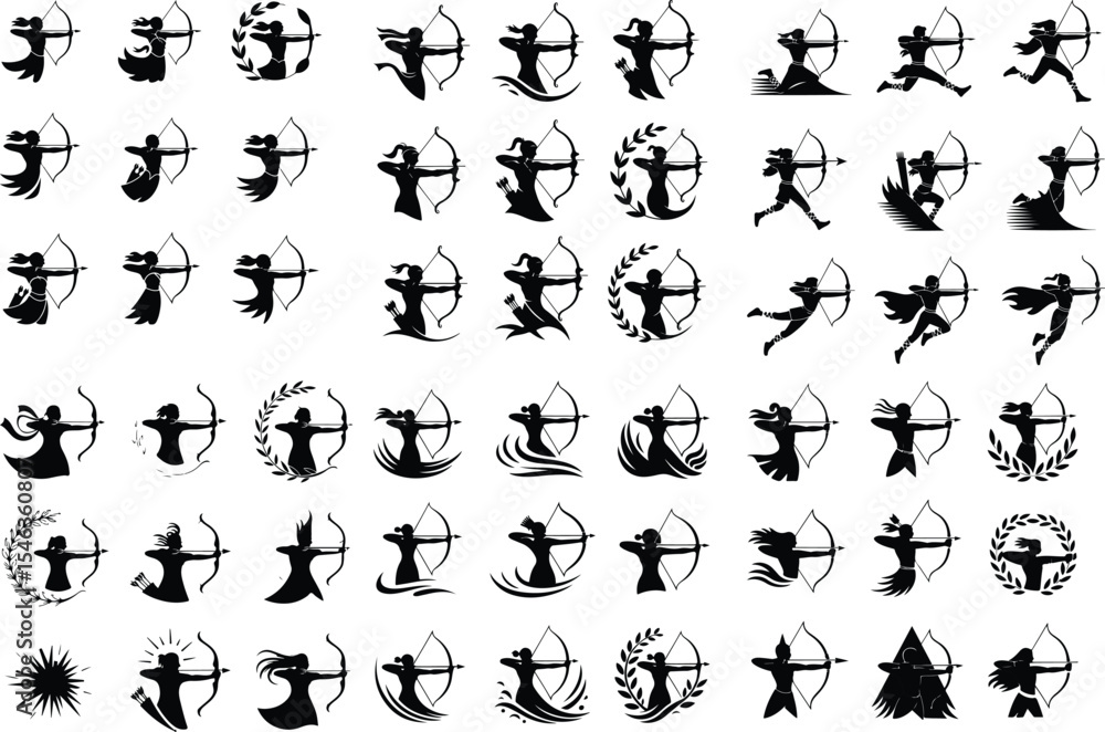 Naklejka premium Silhouette of Archery Pose – Bow and Arrow Icon Collection Archer Aiming Bow Icon Silhouette Set – Precision and Focus Design Pack