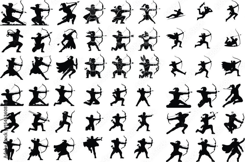 Naklejka premium Silhouette of Archery Pose – Bow and Arrow Icon Collection Archer Aiming Bow Icon Silhouette Set – Precision and Focus Design Pack