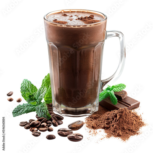 Highquality detailed image of brown smoothie in mug with mint leaves and cocoa powder on white background