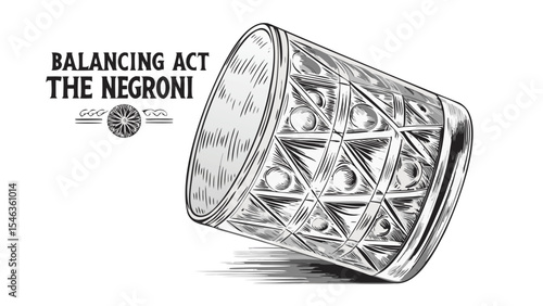 Illustration of a patterned glass tumbler with balancing act the negroni text on the side art design