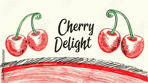 Illustration of two pairs of red cherries with green stems above a red and gray textured surface area view