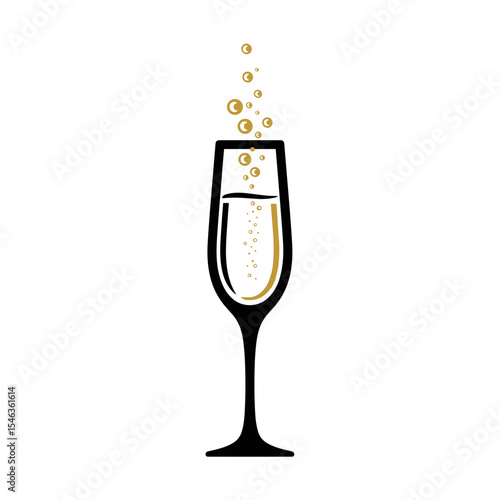 Champagne flute with bubbling beverage, minimalistic design, copy space