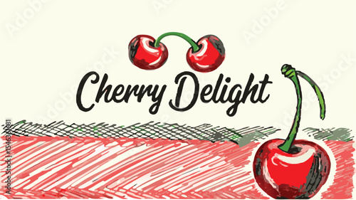 Illustration showing two cherries connected at the stem with another single cherry and cherry delight text