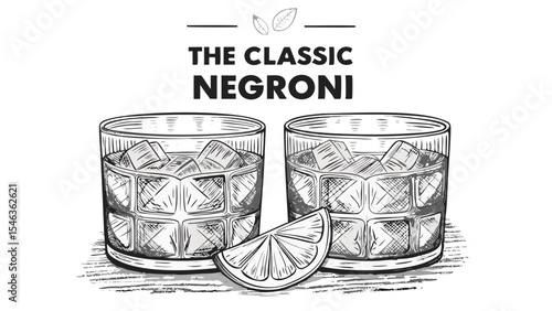 Illustration of two glasses filled with ice cubes and a slice of lemon in a black and white drawing style